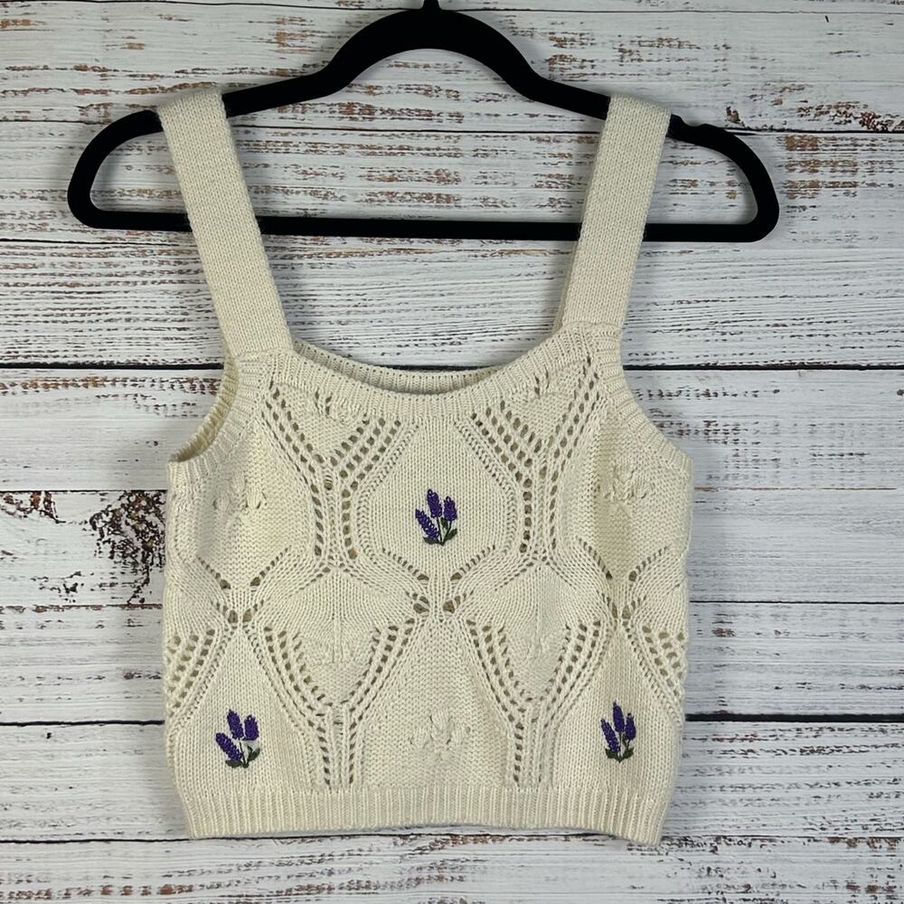 Womens Pink Rose Cream Crochet Open Knit Cop Tank Top Boho Cottagecore Stretch S